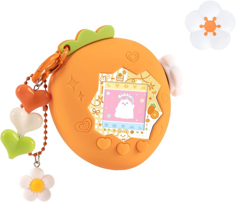 BUBBLELOGUS Strawberry Bubble Protective Case for Tamagotchi Paradise, Soft TPU Silicone Cover with Holographic Faceplate, Flower Shaped Zoom Dial Cap & Charms Set, Anti-Scratch & Waterproof (Orange) - Image 1